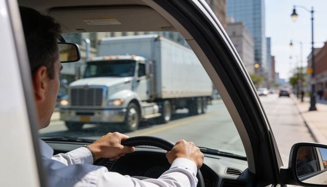 Male driver holding steering wheel on downtown street with passing semi truck