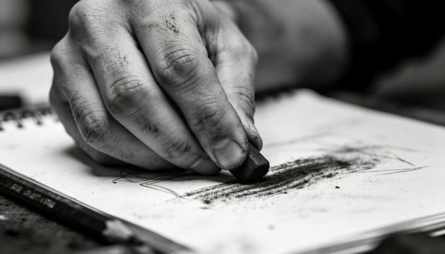 Artist hand shading charcoal on spiral sketchbook closeup monochrome texture detail