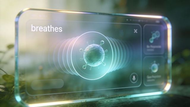 Holographic virus model hovering over moss on clear glass panel with breathing waveform