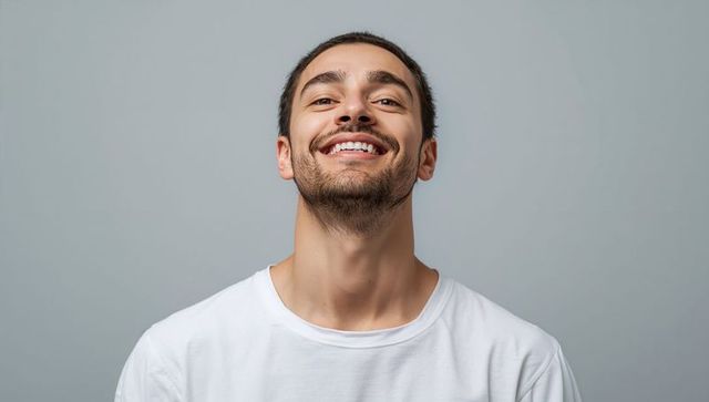 Confident young man smiling with braces while tilting head back wearing white tee minimalist