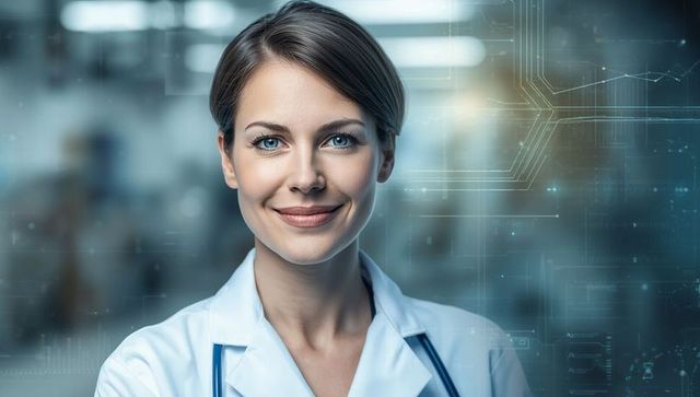 Confident Female Doctor Smiling in Clinical Corridor