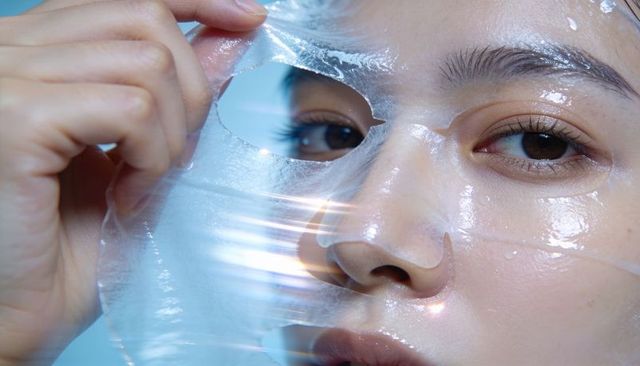 Peeling hydrogel face mask revealing dewy skin on asian woman, hand pulling sheet mask with droplets