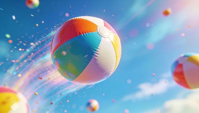 Vibrant multicolor beach ball gliding through deep blue sky with sparkling motion trails