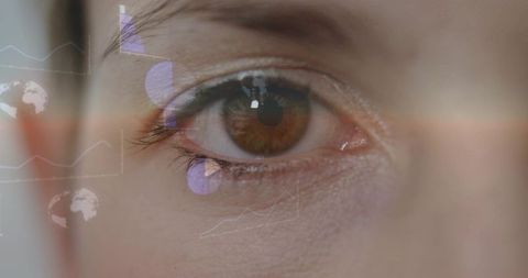 Close-up brown eye featuring augmented reality hud, data overlays and iris tracking