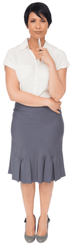 Thoughtful Businesswoman Contemplating with Pen on Transparent Background