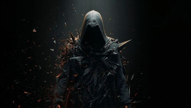 Hooded Figure Cloaked in Shattered Abyss Illuminated in Dark Void