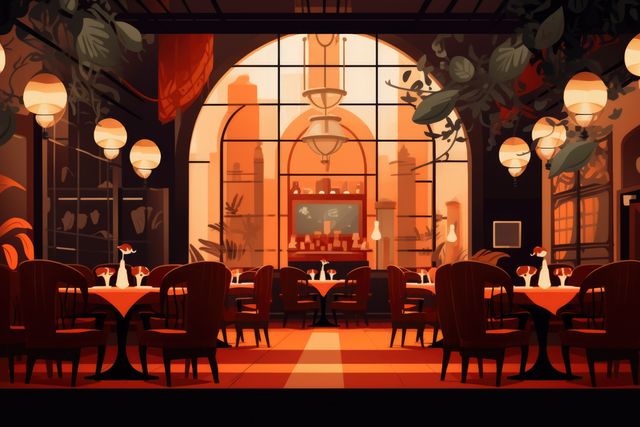 Elegant restaurant interior with red lighting, stylish dining tables and chairs, and arched windows in the background. Ideal for promotions of upscale dining experiences, restaurant decor inspiration, or hospitality industry advertisements.