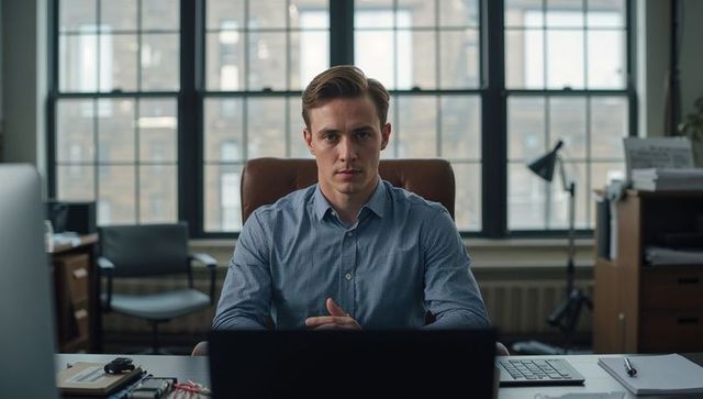 Young professional man working at urban office desk, focused on laptop and documents in daylight