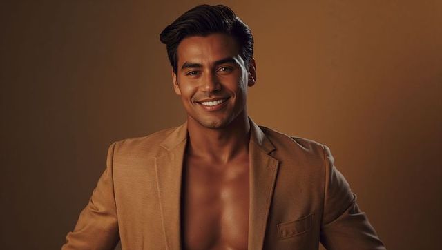 Smiling male model posing in tan blazer with bare chest studio portrait warm earthy tones