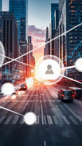 Vertical video: Futuristic urban network linking glowing avatar nodes over city street at sunset
