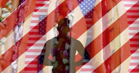 Patriotic Hot Dogs and Silhouette Overlaid with American Flag