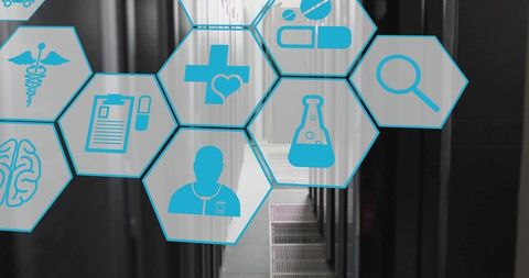 Futuristic medical data overlay projecting over server aisle highlighting clinician icon