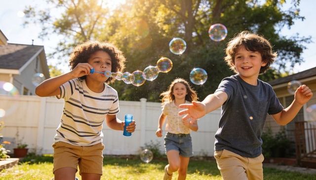 Children playing with bubbles in sunny backyard, chasing and popping colorful soap bubbles