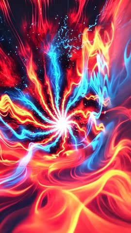 Spawning vortex spiraling red and blue energy streams around ignited core, pulsing vertical video