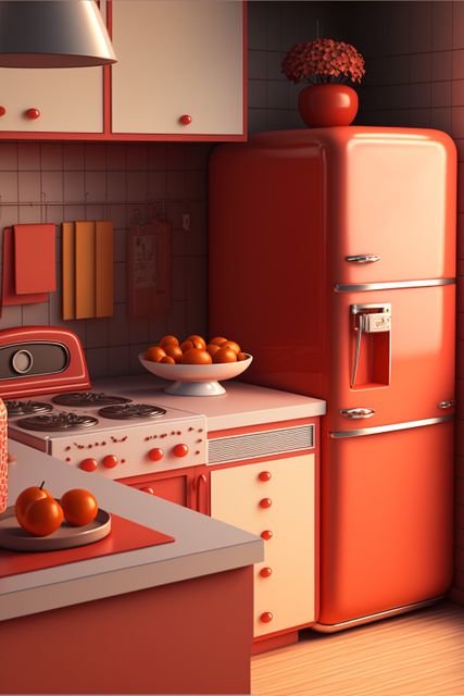 Image of retro kitchen interiors with fridge and appliances, created using generative ai technology. Retro interiors concept created digitally generated image.