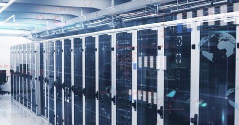 Modern data center server racks with digital overlays