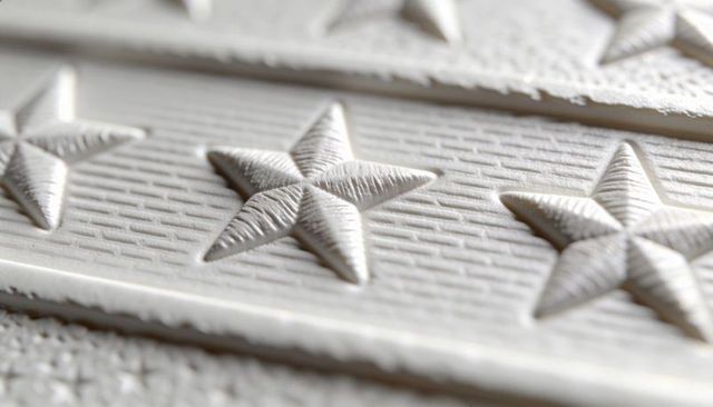Embossed five-pointed star on ridged band, macro texture showing tooling marks