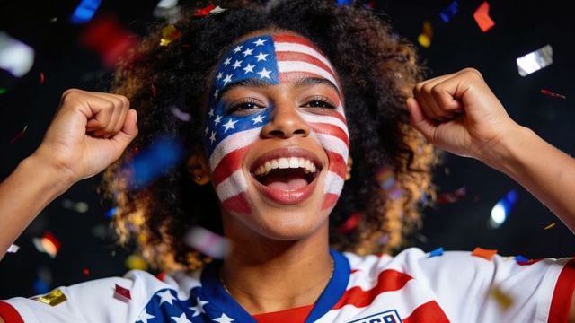 Triumphant black woman celebrating with american flag face paint, usa jersey, confetti