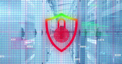 Digital security concept with shield and padlock icon over data grid