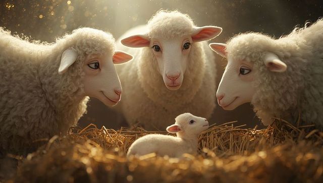 Sheep family encircling lamb with warm lighting in barn