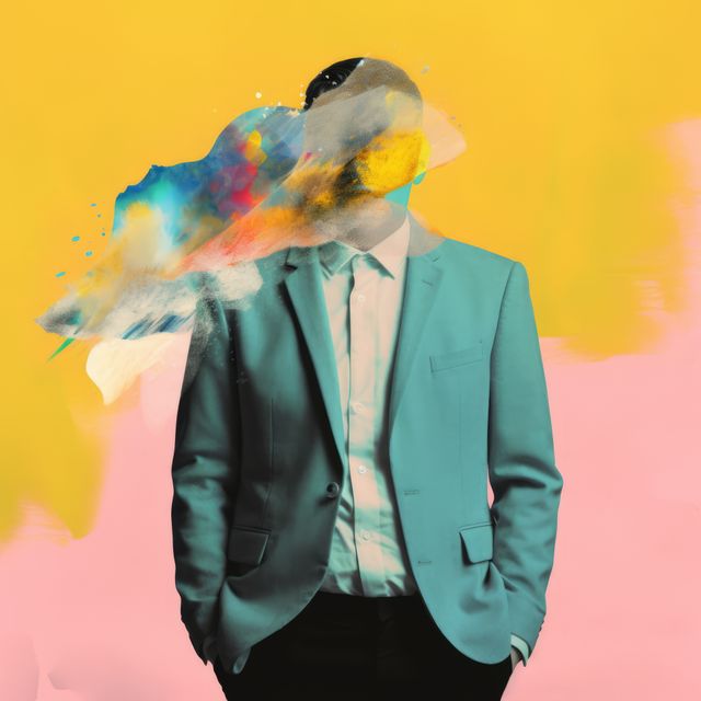 Businessman with a suit standing with a colorful cloud merging into his face on a yellow and pink background. This artistic and innovative composition is excellent for use in creative business presentations, modern advertising campaigns, websites focusing on creativity or digital art, and editorial pieces about innovation and thinking outside the box.