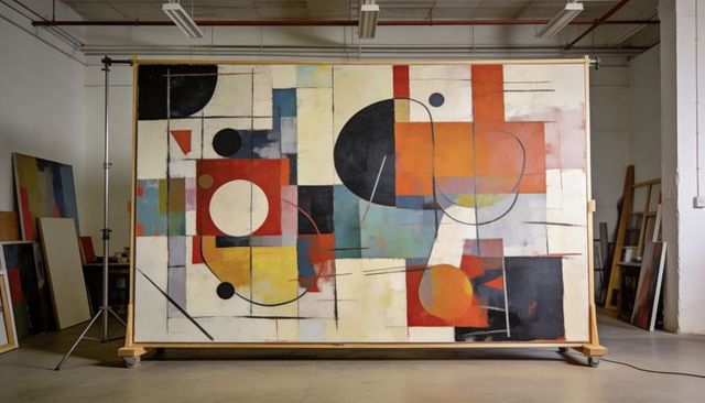 Displaying large abstract geometric canvas painting on rolling support in bright art studio