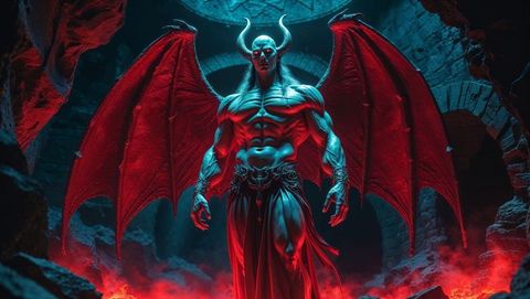 Mythical satan with glowing wings in stone chamber