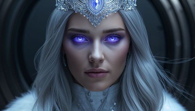Mystical Queen with Enchanted Eyes in Metallic Chamber
