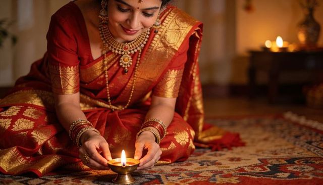 Indian woman lighting brass oil lamp during diwali wearing red gold silk saree