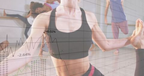 Fitness instructor guiding standing leg hold while biometric charts overlay balance data