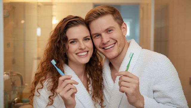 Happy Couple in White Bathrobes Brushing Teeth Together