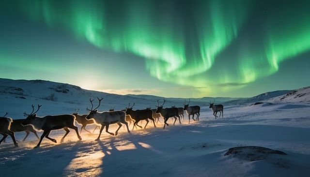 Reindeer trotting beneath aurora borealis with rim-lit antlers on snowy arctic tundra