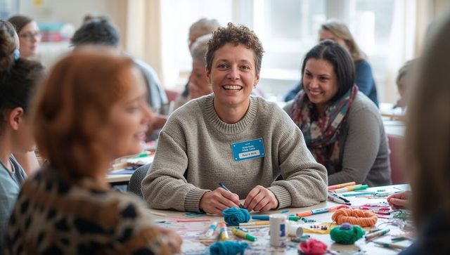 Smiling woman crafting at lively community workshop with yarn, markers and creative tools