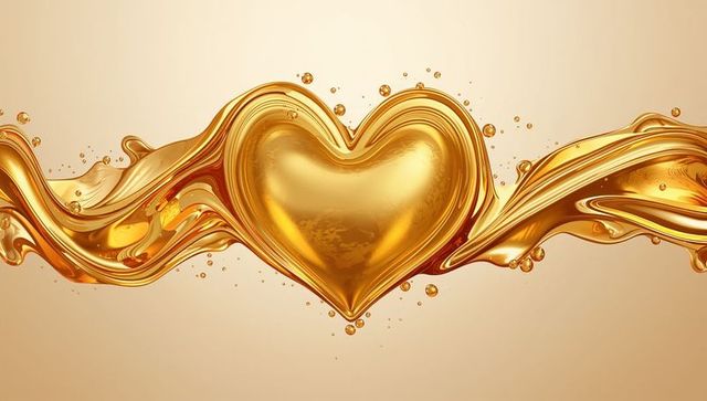 Molten Gold Heart Flowing Liquid Ribbons with Splashing Droplets on Warm Background