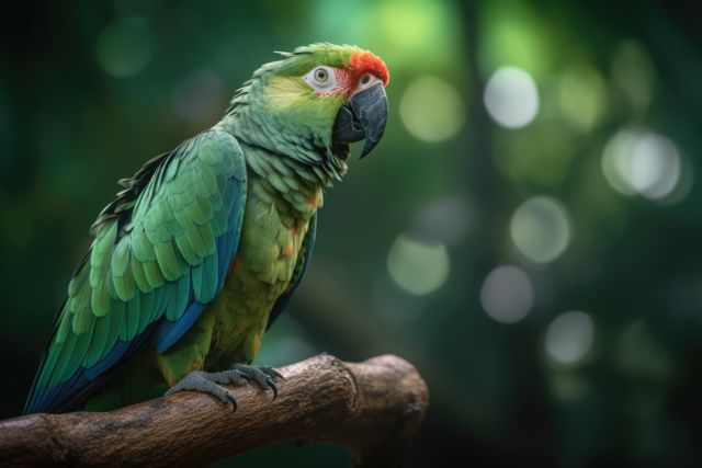 Tropical parrot perched on branch with plants background, created using generative ai technology. Parrot, tropical bird, wildlife and nature concept digitally generated image.