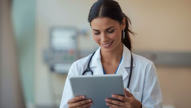 Young Female Doctor Using Tablet in Modern Hospital