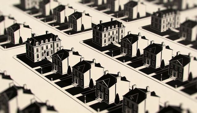 Monochrome axonometric suburb grid showing repeating ornate houses and cinematic shadows
