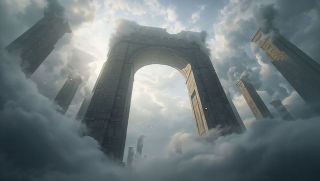 Towering ancient stone arch rising through clouds, sunlit ruins and colossal columns
