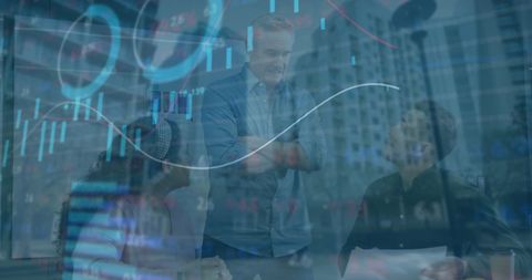 Business Team with Financial Data Overlay in Urban Office