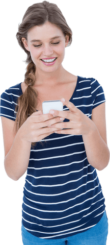 Smiling Woman Typing on Smartphone Transparent Background