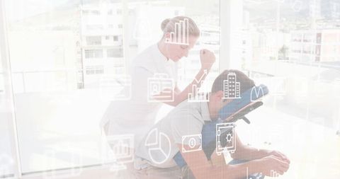 Therapist giving chair massage in bright urban spa with wellness icons overlay