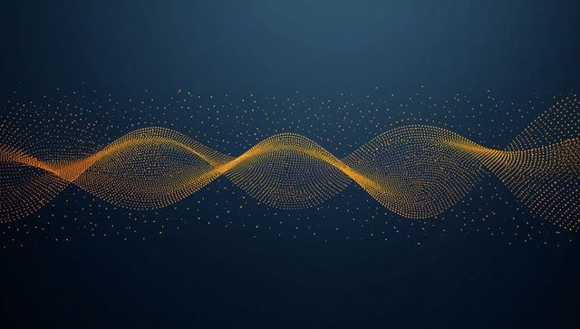 Golden dotted wave flowing across deep navy backdrop with glowing particle stream
