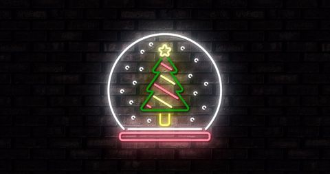 Neon Christmas Tree Snow Globe on Dark Brick Wall - Download Free Stock Images Pikwizard.com