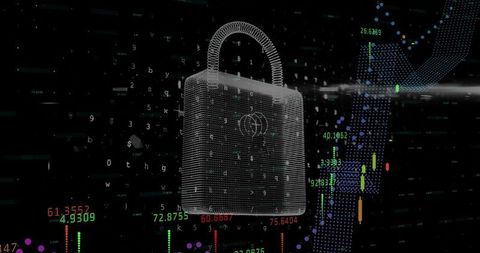3D Padlock Over Digital Dashboard Featuring Cybersecurity and Financial Analytics