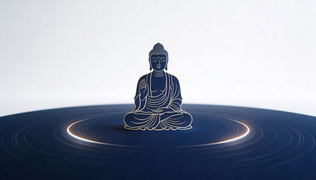 Floating gold-line buddha icon holding abhaya mudra on navy platform with glowing rings