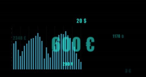 Glowing bars and currency symbols dynamically illustrate financial data trends on dark background. Ideal for articles or presentations related to global business, digital finance, economic analysis, or tech interfaces. Useful in marketing material showcasing financial technology or in educational resources explaining finance concepts.