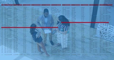 Business team discussing analytics reports with data overlay in modern marble atrium