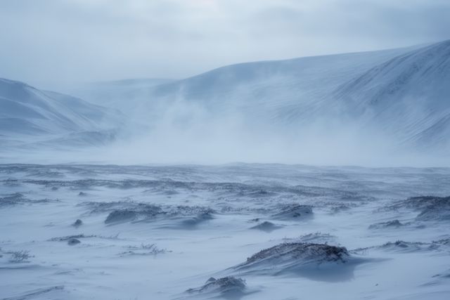 Frozen arctic tundra landscape with snow and mist, created using generative ai technology. Scenery, winter and beauty in nature concept digitally generated image.