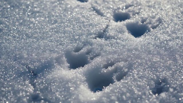 Glittering snow with small animal paw prints, frost crystals closeup for winter themes