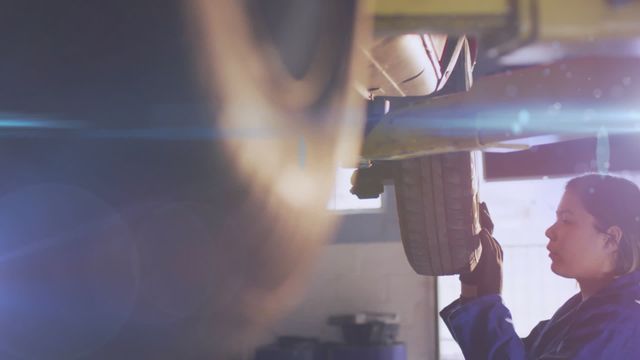 Video shows a dedicated biracial woman working in an automotive repair workshop, adjusting a tire with focused precision. The glowing light effects and blue lens flare add a modern touch to the scene. Perfect for illustrating concepts of professionalism, small business thriving, skilled labor in the automotive industry, or the technological advancement in repair services.